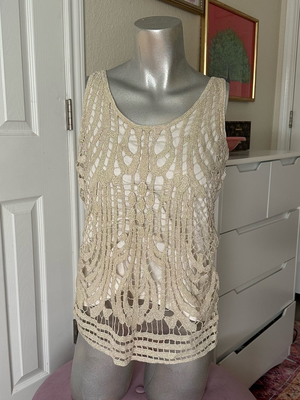 Verve Y2K Shimmery Cream & White Crochet Overlay Tank Top